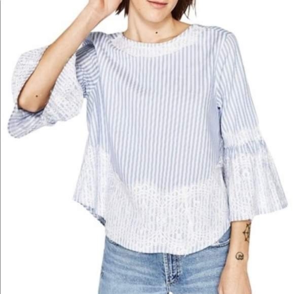 Zara blue white lace stripe bow back top M - Picture 5 of 5